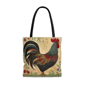 Folk Art Big Rooster Tote Bag - Cute Cottagecore Totebag Makes the Perfect Gift