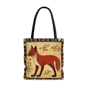 Folk Art Fox Tote Bag - Cute Cottagecore Totebag Makes the Perfect Gift