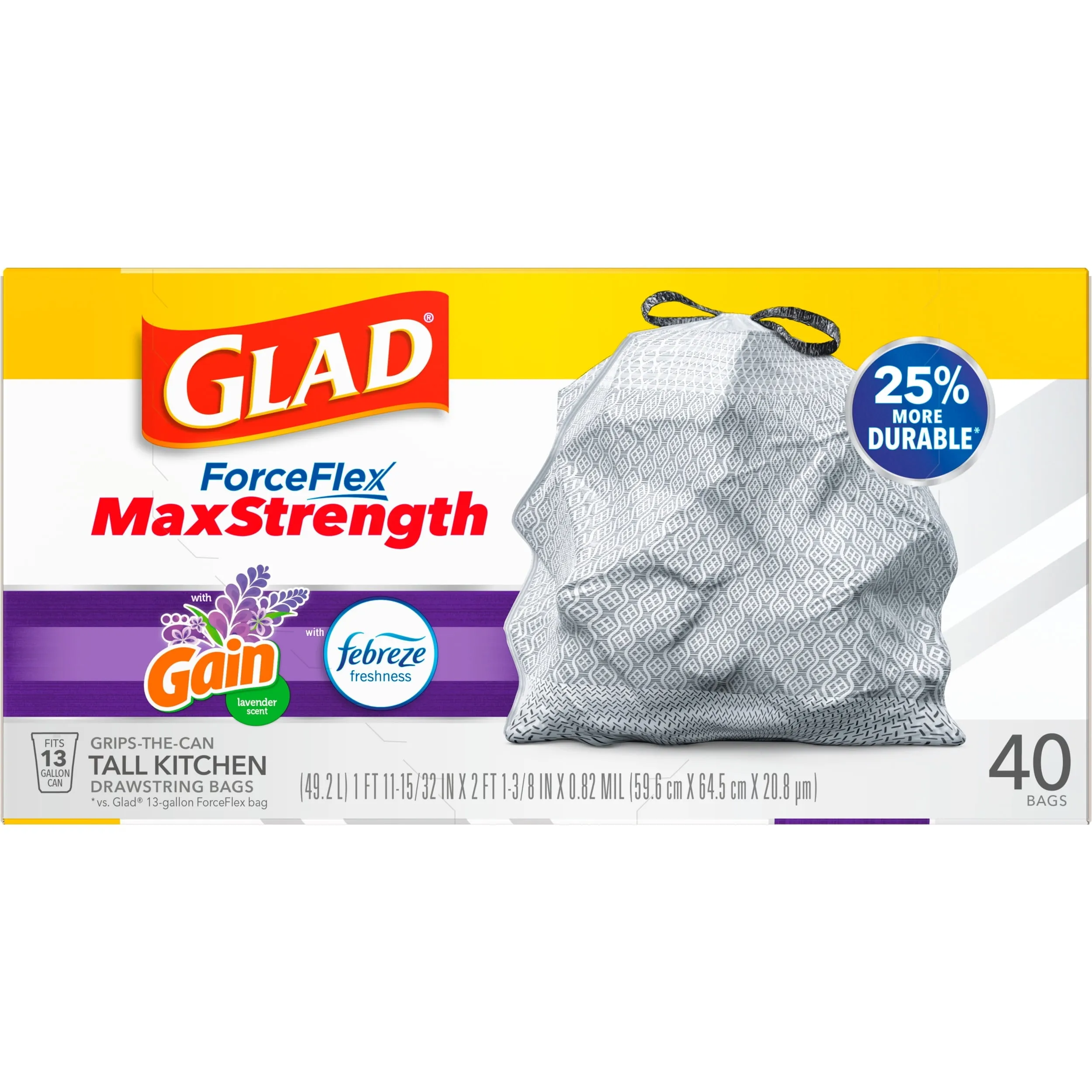 Glad ForceFlex MaxStrength 13 Gallon Tall Kitchen Drawstring Trash Bags, Gain Lavender, 40 Bags