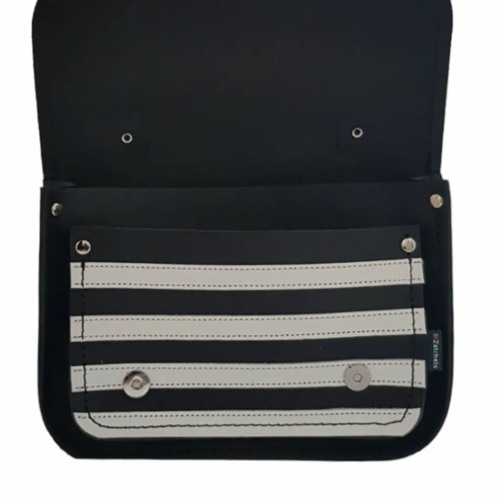 Handmade Leather Handbag - Midi Satchel - Gothic Striped White & Black