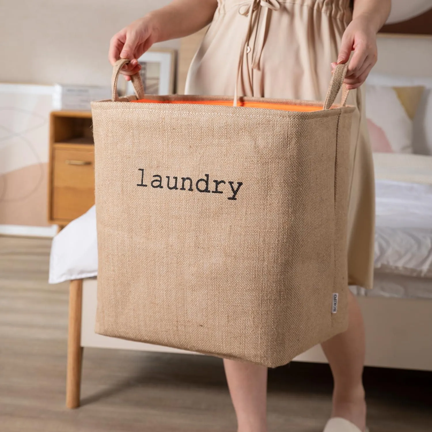 HOKIPO Laundry Basket Clothes Hamper, Denim Basket With Handles,Small / Large - Beige