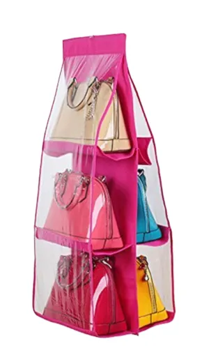 Kuber Industries Hanging Handbag Organizer for Ladies|Crystal Clear Design|Strong Metal Hook|Pink