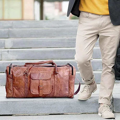 Leather duffle bags large 24 Inch Square Duffel Travel Gym Sports Overnight Weekender Leather Bag for men and women by KPL