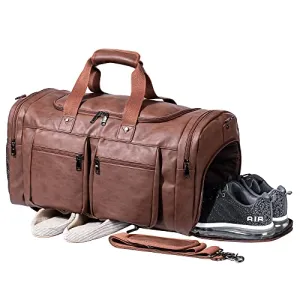 Leather Travel Bag with Shoe Pouch,Weekender Overnight Bag Waterproof Leather Large Carry On Bag Travel Tote Duffel Bag for Men or Women-Brown