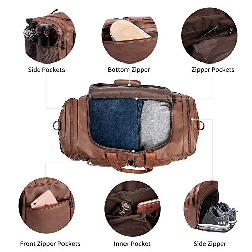 Leather Travel Bag with Shoe Pouch,Weekender Overnight Bag Waterproof Leather Large Carry On Bag Travel Tote Duffel Bag for Men or Women-Brown