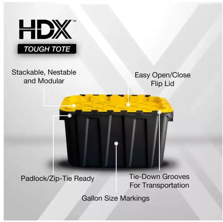 NJA-HDX 12 Gal.Heavy Duty Tough Storage W/ Handles Flip Top Tote Blk / Yellow Lid