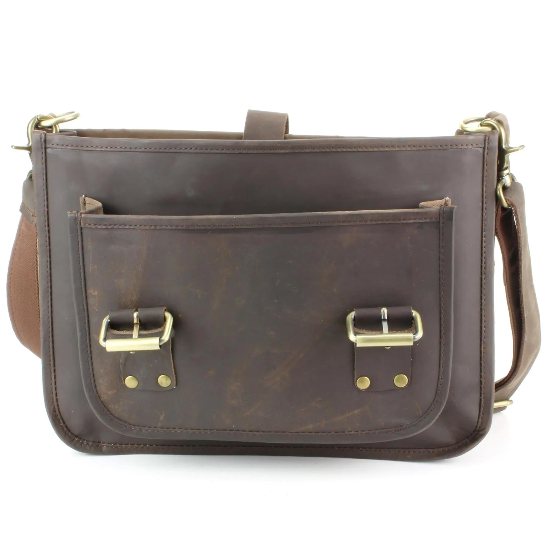 Real Leather Two Compartment Satchel - Dark Brown