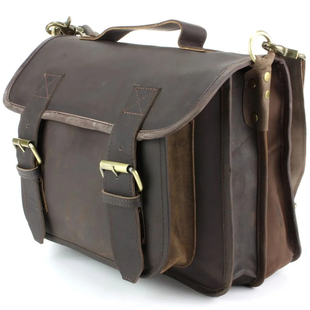 Real Leather Two Compartment Satchel - Dark Brown