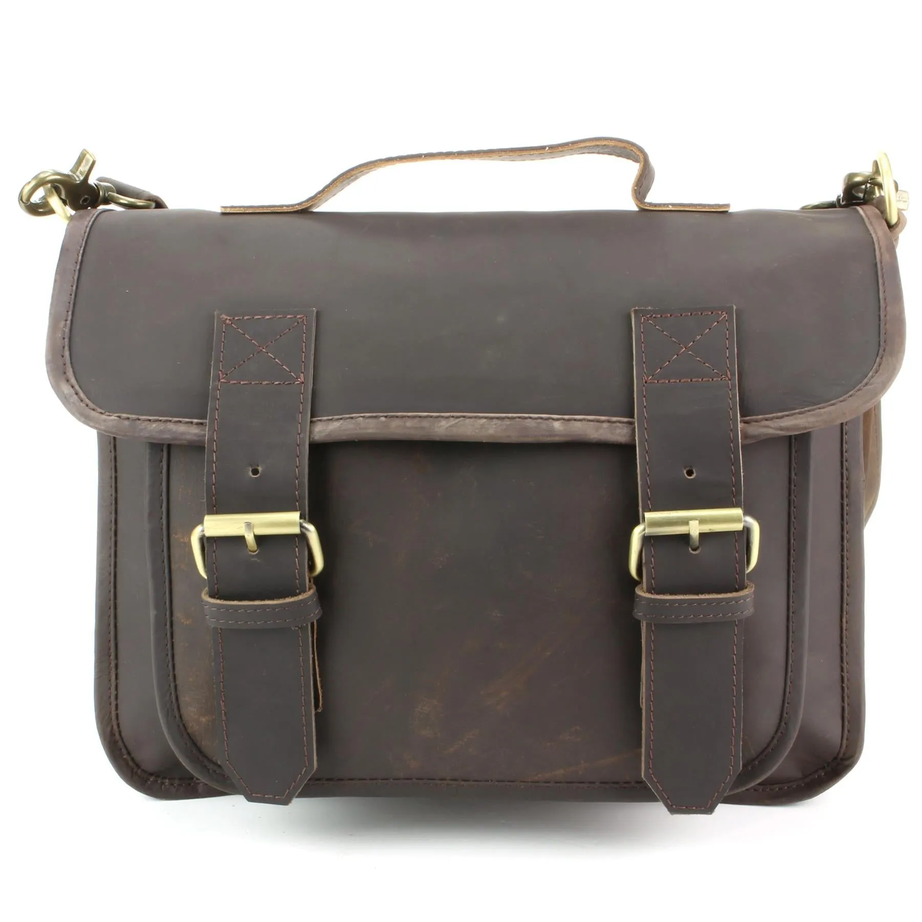 Real Leather Two Compartment Satchel - Dark Brown