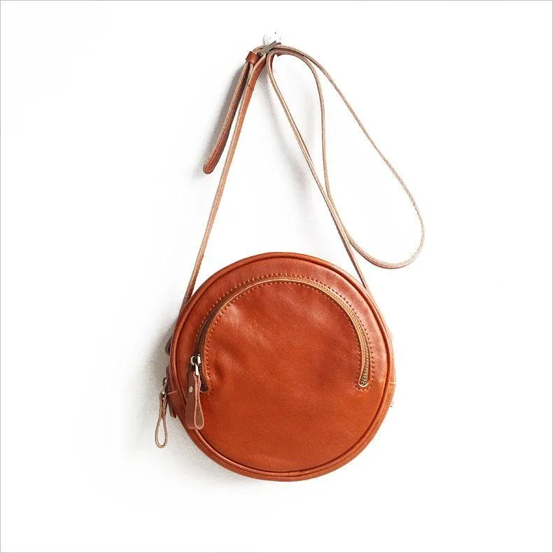 Small Vintage Designer Vegetable Leather Round Bag, Retro Shoulder Bag For Women, Handcrafted Brush Off Ladies Baguette Handbag