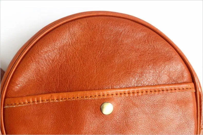 Small Vintage Designer Vegetable Leather Round Bag, Retro Shoulder Bag For Women, Handcrafted Brush Off Ladies Baguette Handbag