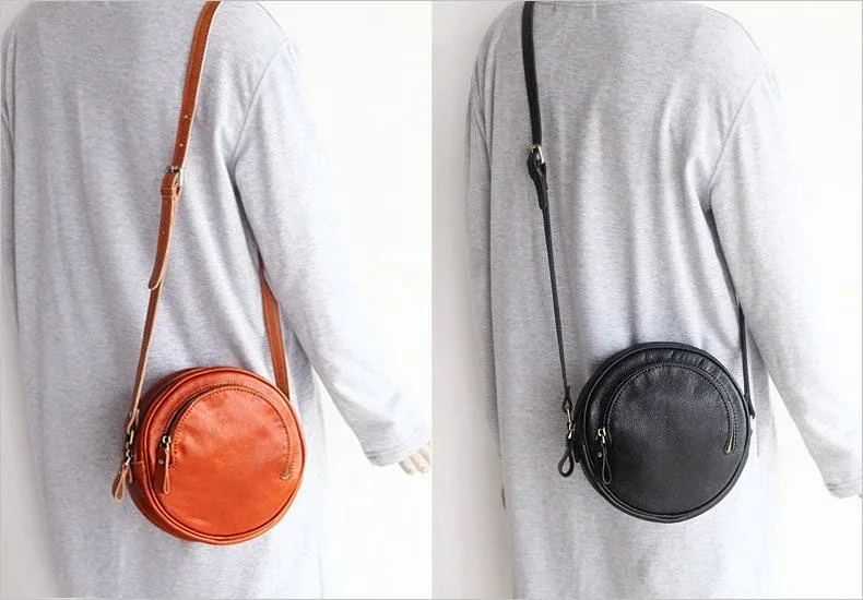 Small Vintage Designer Vegetable Leather Round Bag, Retro Shoulder Bag For Women, Handcrafted Brush Off Ladies Baguette Handbag