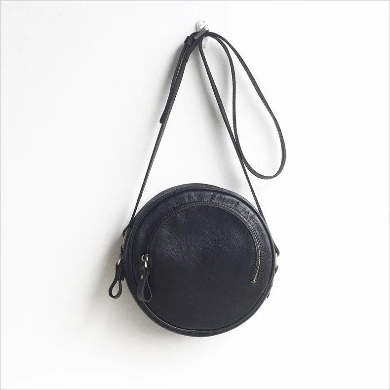 Small Vintage Designer Vegetable Leather Round Bag, Retro Shoulder Bag For Women, Handcrafted Brush Off Ladies Baguette Handbag