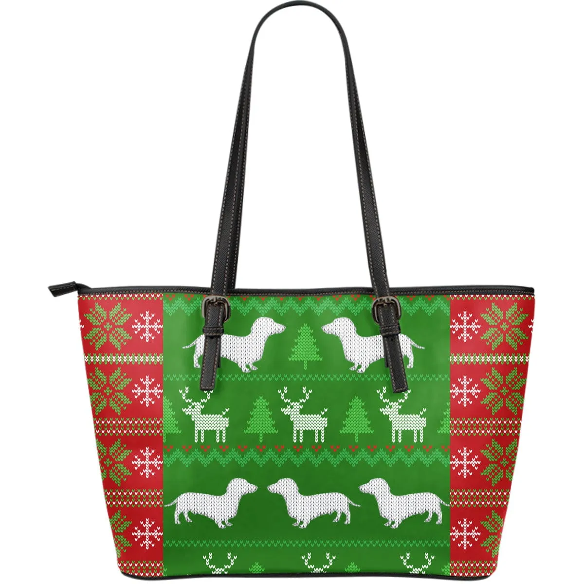 Ugly Christmas Large Leather Tote Bag With Dachshunds