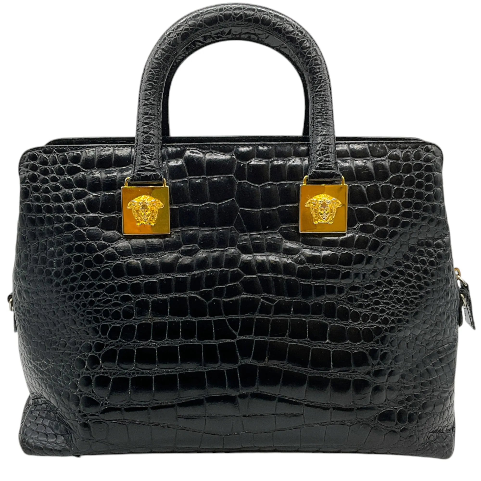 Versace Vintage 1990's Black Croc Embossed Satchel