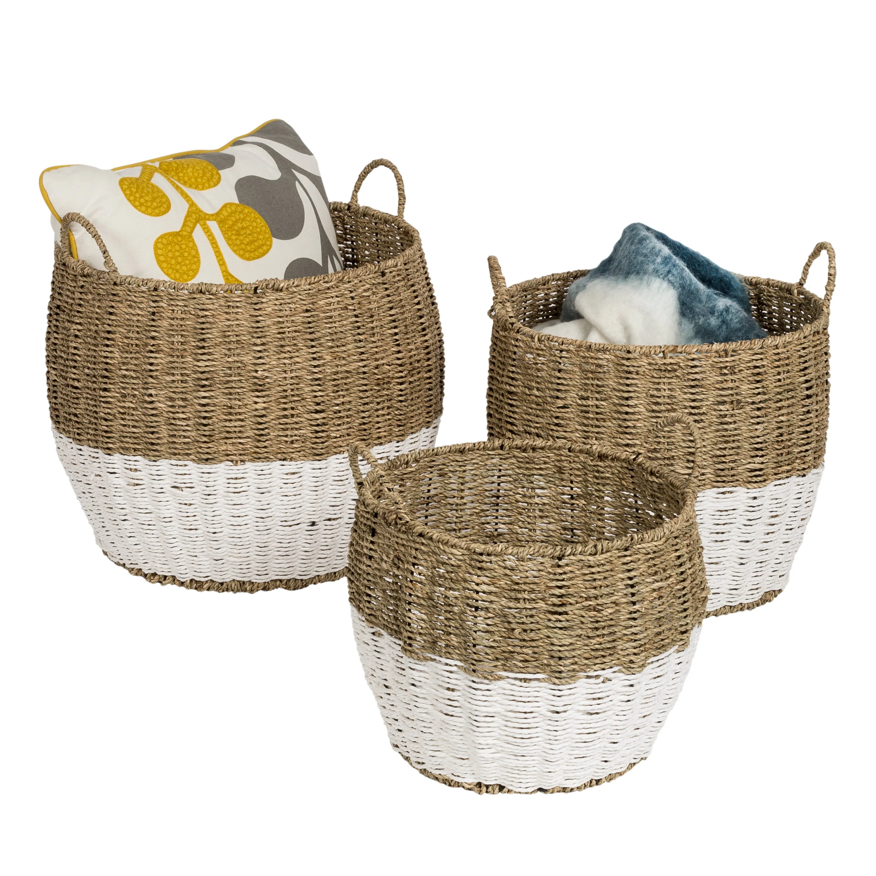 White/Natural Seagrass Round Nesting Baskets (Set of 3)