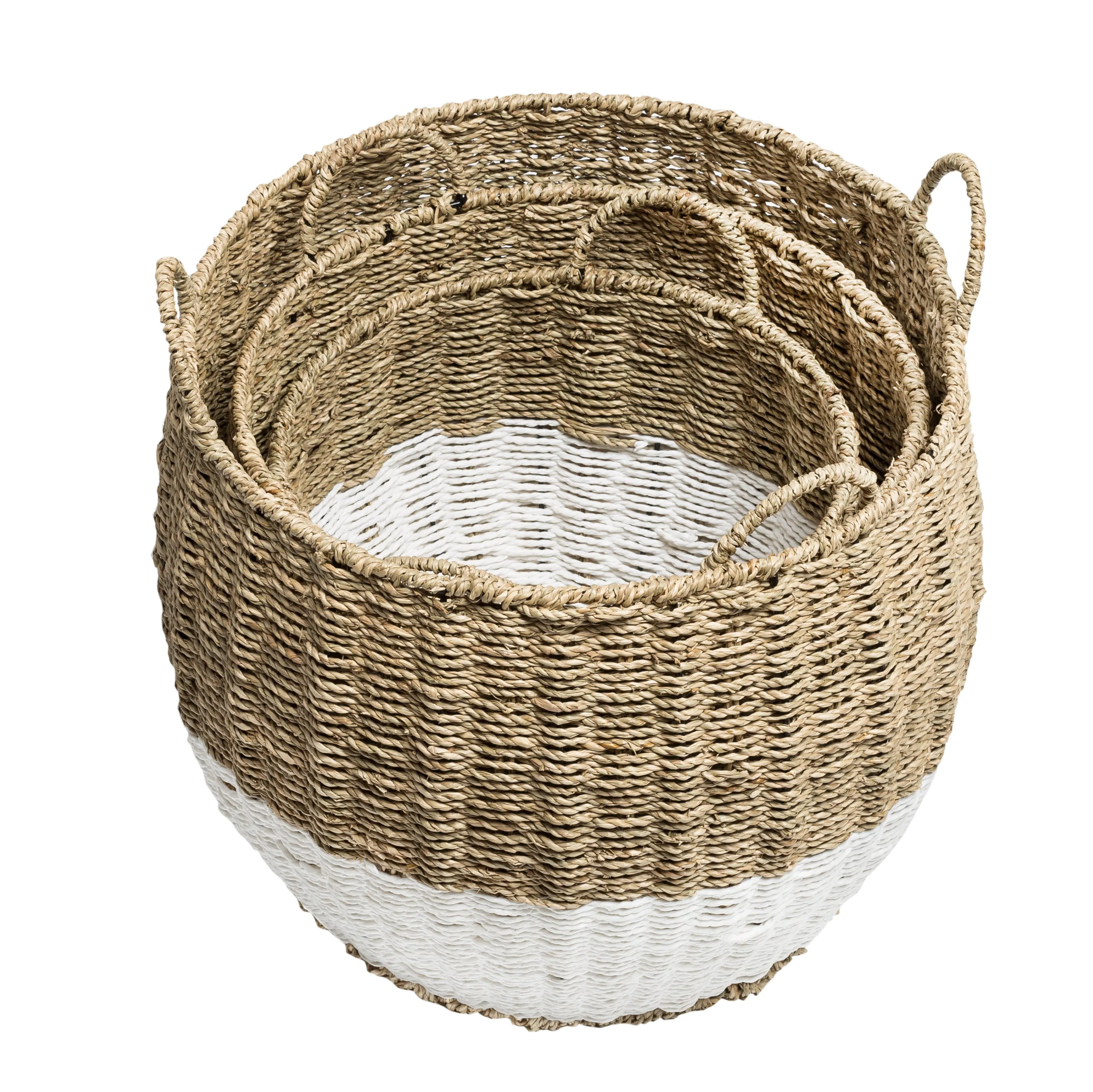 White/Natural Seagrass Round Nesting Baskets (Set of 3)