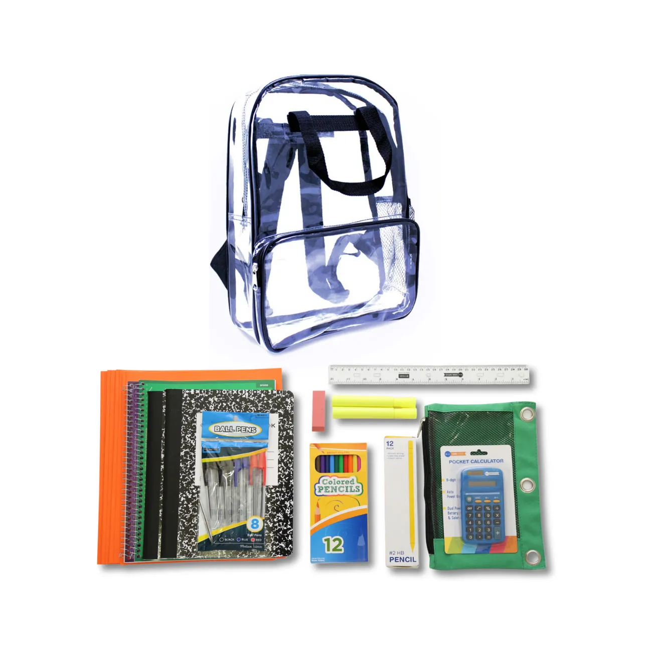 Wholesale 6th-12th Grade Deluxe Kit (46 Items per Kit) in 18" Clear PVC Backpack