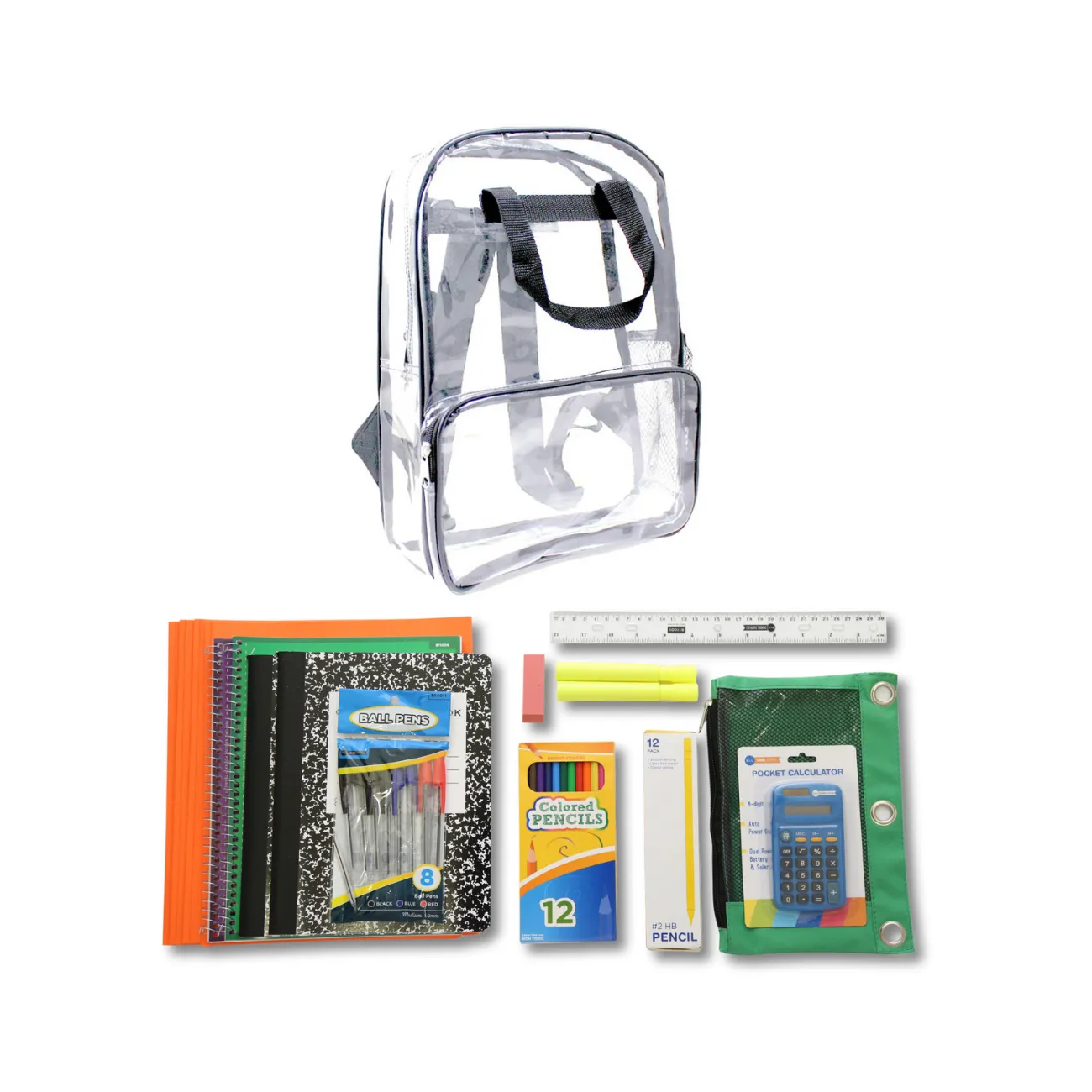 Wholesale 6th-12th Grade Deluxe Kit (46 Items per Kit) in 18" Clear PVC Backpack