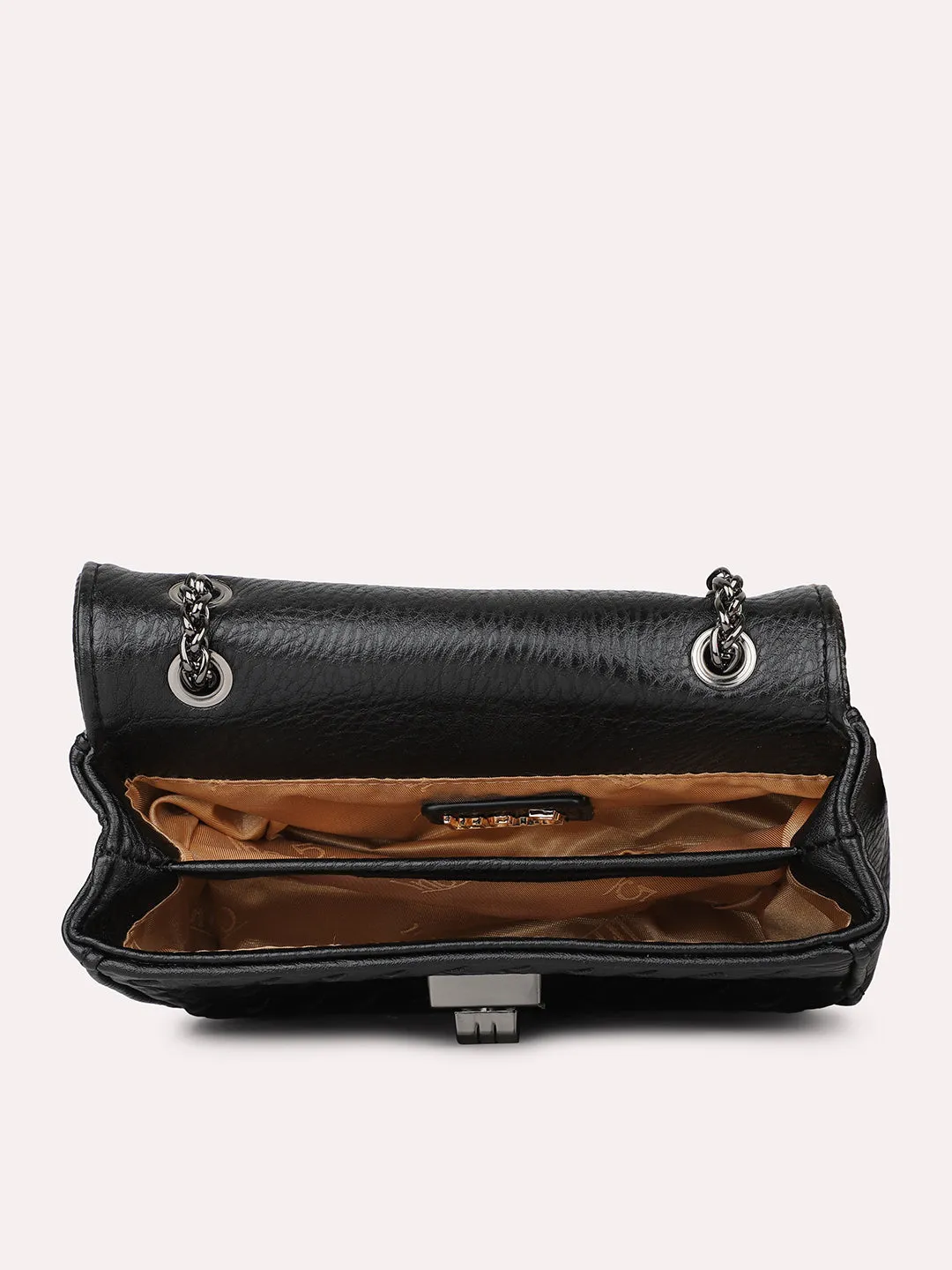 Women Black Textured PU Sling Bag